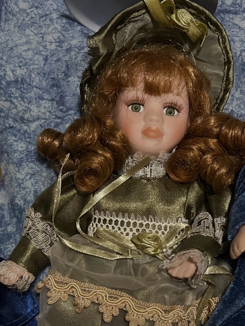 Vintage Victorian Porcelain Doll Green Dress